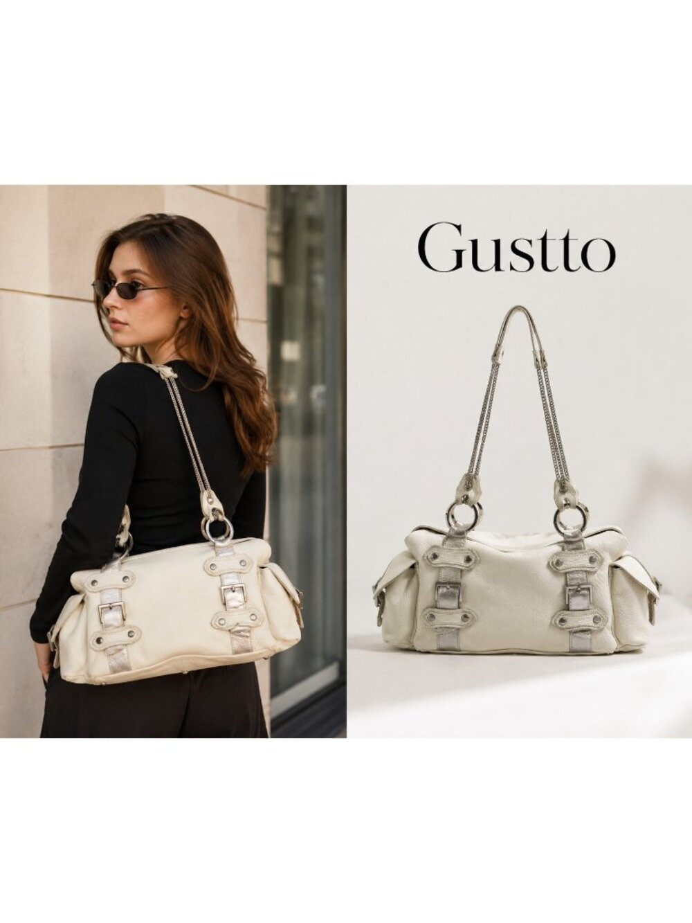 Gustto White Leather Shoulder Bag Silver Chain Y2K Moto Satchel